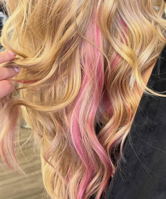 pops of hot pink on pre-lightened hair for one of my classmates pops of hot pink on pre-lightened hair for one of my classmates